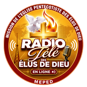 Circular logo for a religious radio station featuring a cross, dove and flame above a microphone, with a world map background and the text 'Radio Tele' and 'Elus De Dieu'.