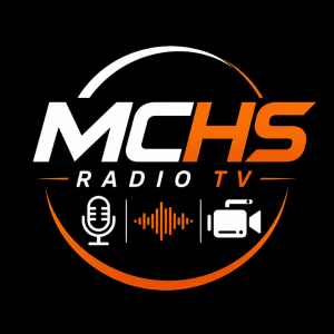 MCHS Radio TV logo with white and orange text, plus icons of a microphone, sound wave, and video camera inside an orange circular arc.