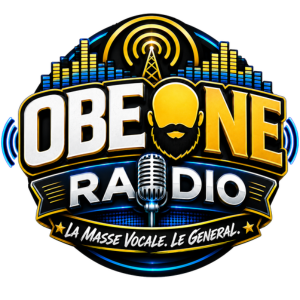 Logo for OBE ONE RADIO featuring a bearded head silhouette, vintage microphone, city skyline, and the slogan 'La Messe Vocale. Le Général'
