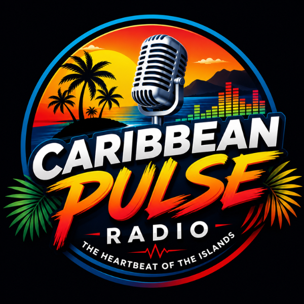 Caribbean Pulse Radio logo with a microphone, palm trees, sunset and city skyline inside a circular badge.