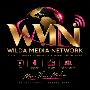 Wilda Media Network logo with gold WMN lettering, globe motif, pink ring, and the tagline 'More Than Media' along with TV, podcast, radio, and community icons.